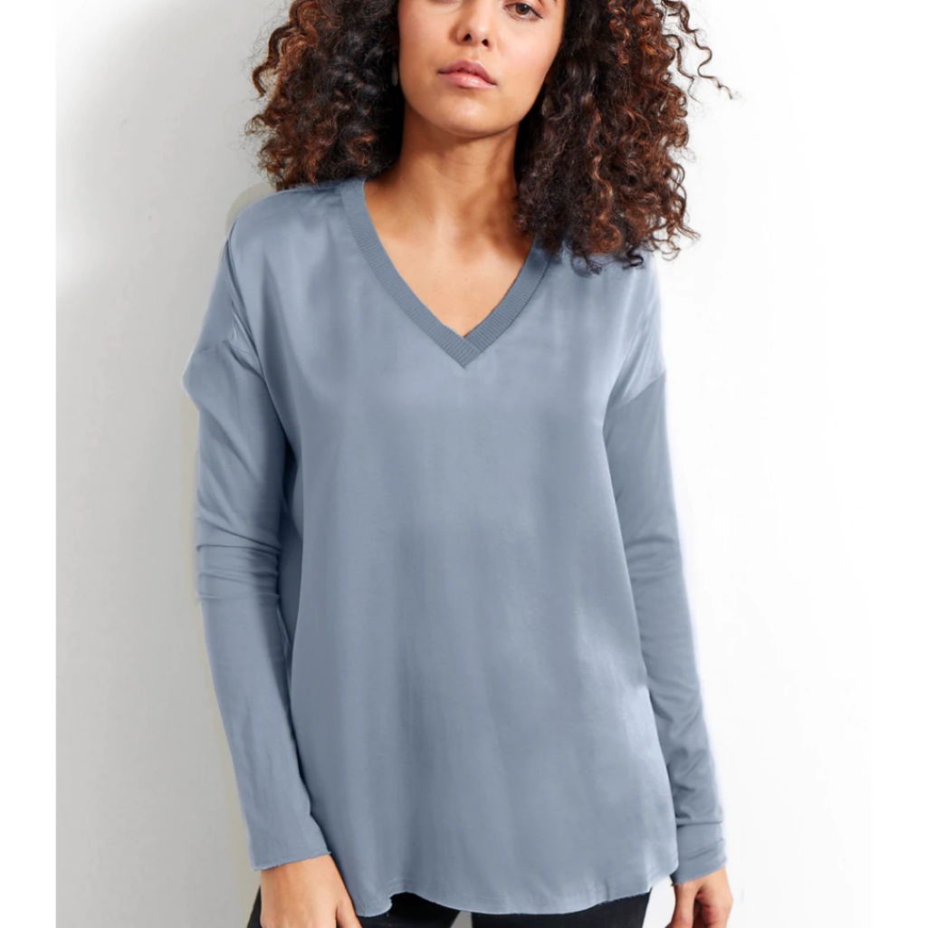 Go By Gosilk Iconic Go Tee Vee Top 100% Silk Long Sleeve Chambray Washable Silk